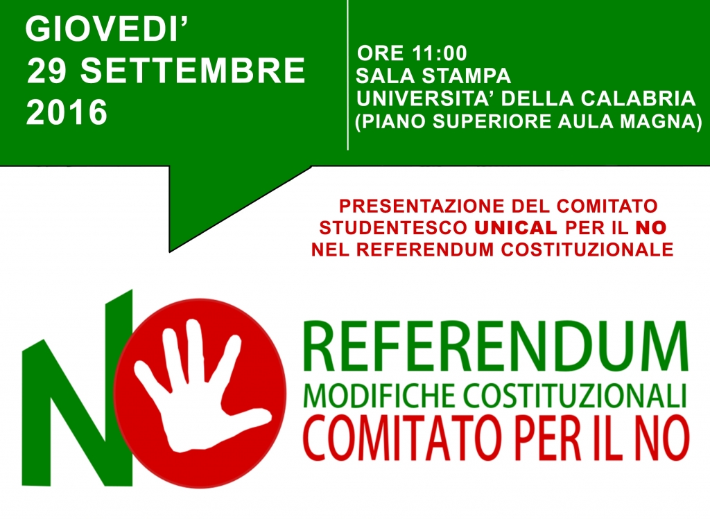 Giovedì 29 settembre la presentazione del Comitato Unical per il No costituzionale