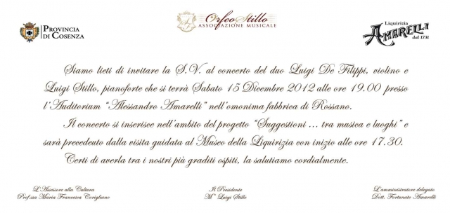 Domani il concerto del duo Luigi De Filippi (violino) - Luigi Stillo (pianoforte)