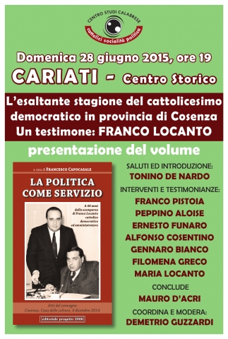 Oggi pomeriggio la presentazione del libro su Franco Locanto curato da Francesco Capocasale