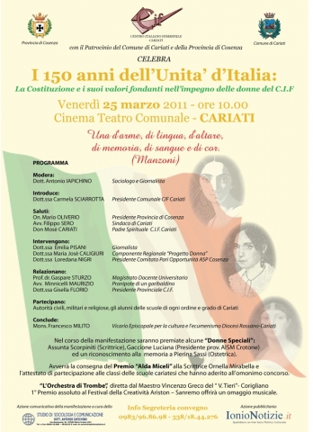 Domani il Centro italiano femminile, di Cariati celebrerà i “150 anni dell’Unità d’Italia”