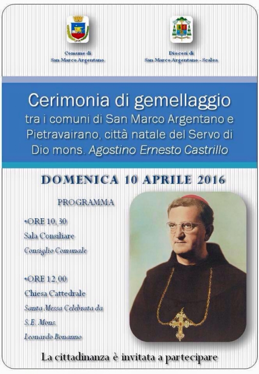 In onore di mons. Agostino Castrillo cerimonia di gemellaggio fra  San Marco Argentano (CS) e Pietravairano (CE)
