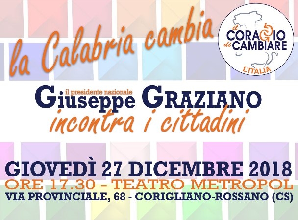 Coraggio di Cambiare l’Italia, il 27 dicembre il Presidente Graziano incontra i cittadini