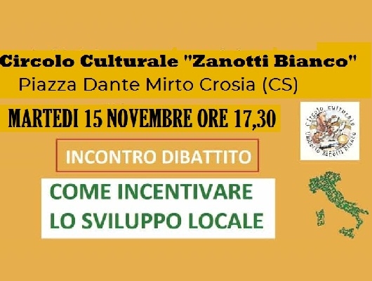 Il 15 novembre al Circolo culturale dibattito su 'Come incentivare lo sviluppo locale'