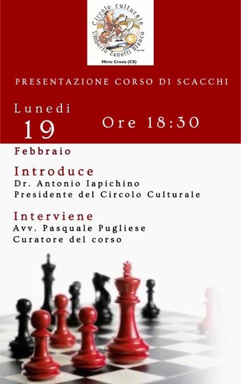 Il 19 febbraio presentazione corso di scacchi nel Circolo culturale di Mirto