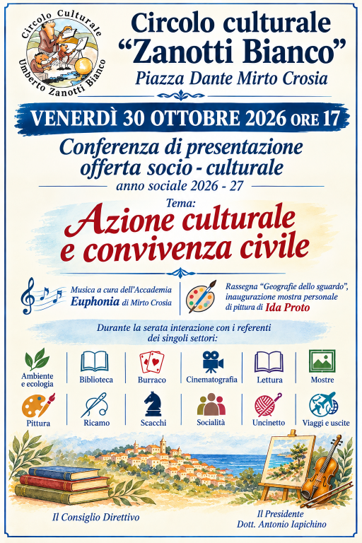 Il 30 ottobre Il Circolo culturale 'Zanotti Bianco' presenterà il nuovo anno sociale