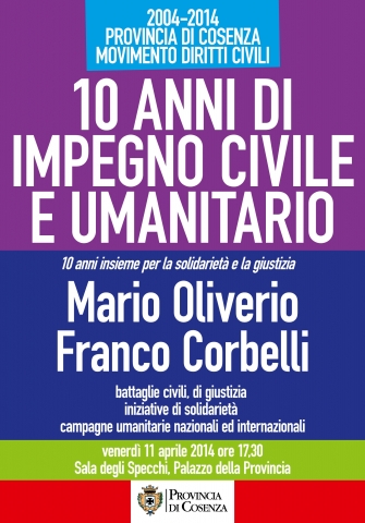 Domani la manifestazione “10 anni di impegno civile e umanitario Provincia di Cosenza- Movimento Diritti civili”