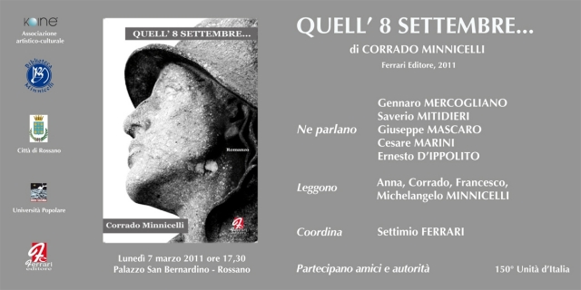 Il sette marzo la presentazione del libro inedito “Quell’otto settembre” di Corrado Minnicelli