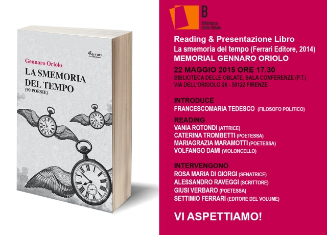 Domani la presentazione dell'ultimo libro di poesie di Gennaro Oriolo, La smemoria del tempo