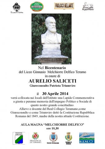 Il 30 aprile collocazione lapide Commemorativa in onore di Aurelio Saliceti al Liceo Classico “M.Delfico”