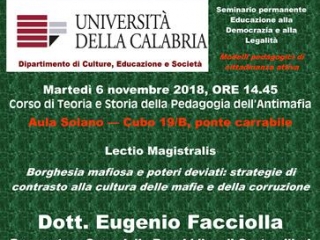 Il 6 novembre Lectio Magistralis del Procuratore Facciolla all’UniCal su borghesia mafiosa e poteri deviati