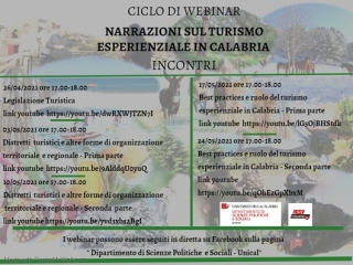 Al via ciclo di webinar “Narrazioni sul turismo esperienziale in Calabria” del Dispes dell'Unical