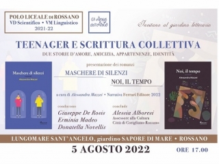 Il 5 agosto presentazione dei romanzi “Maschere di silenzi” e “Noi, il tempo”,  narrativa a cura di Alessandra Mazzei